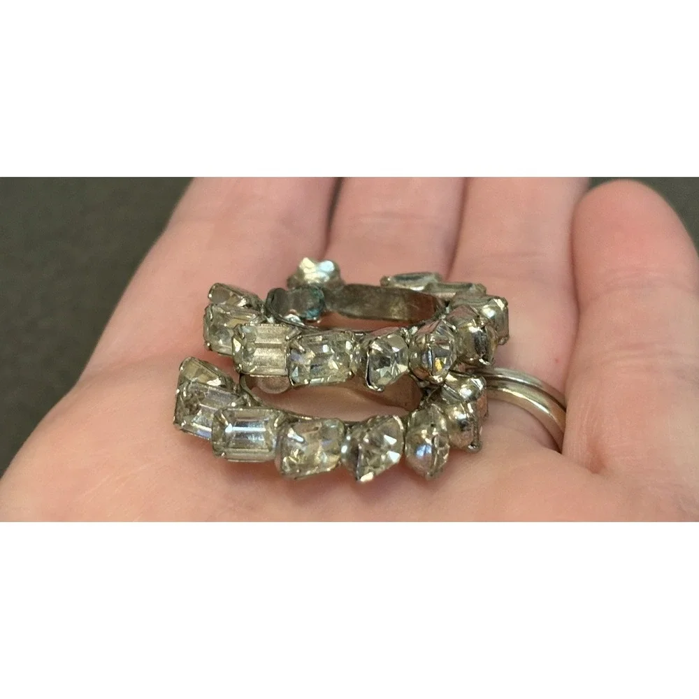 Vintage Silver Tone Screw Back Hoop Earrings Crystal Baguette Rhinestones